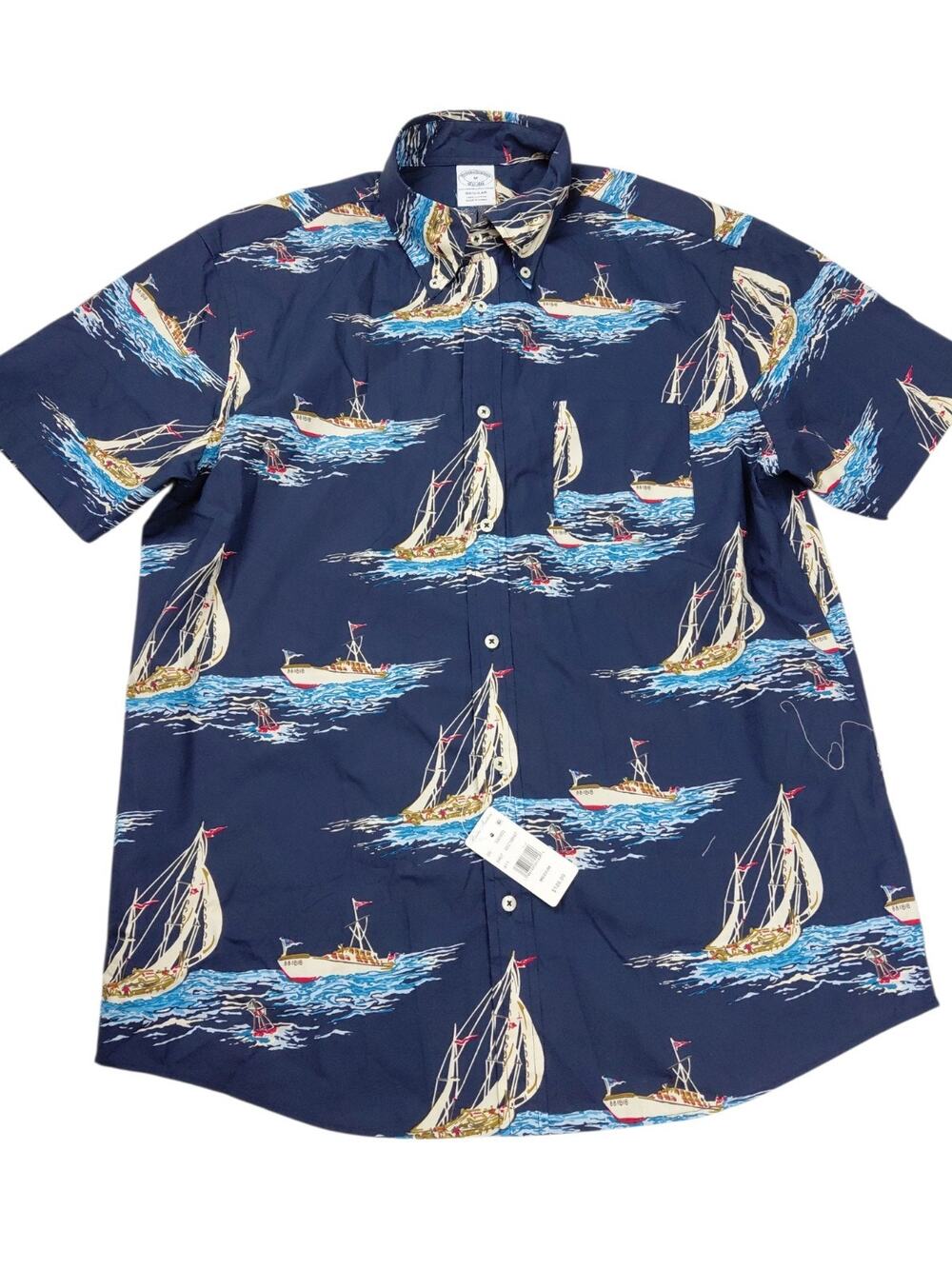 Brooks Brothers Men’s M Navy Blue Sailboats Short Sleeve Shirt Resortwear NWT